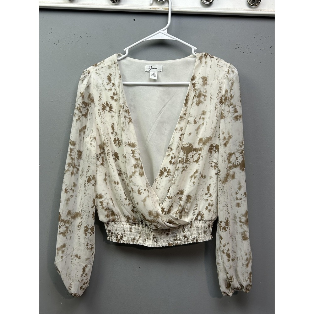 Jopna Blouse Womens Medium White Tan Abstract Floral Surplice Smocked Waist Top